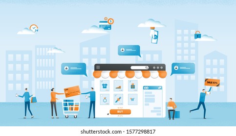 flat vector business online shopping and Ecommerce concept with business team working 
