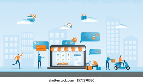 flat vector business online shopping and Ecommerce concept with business team working 