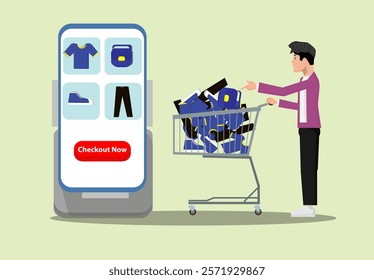 Flat vector business online shopping and e-commerce concept with businessman and smart phone