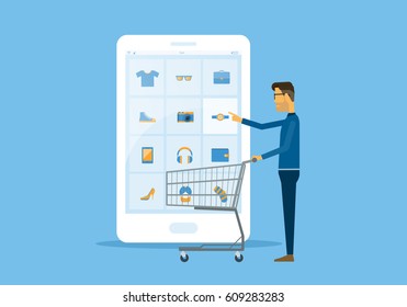 flat vector business online shopping and ecommerce concept with businessman touching on smart phone
