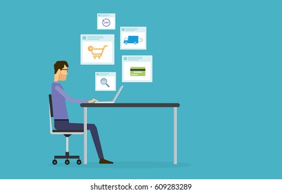 flat vector business online shopping and ecommerce  with businessman working concept
