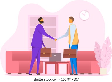 Flat vector business people shake hands at meeting room. Business partnership concept. Isolated on white background