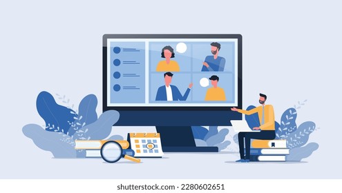 flat vector business people smart working with online video conference meeting concept and business team working from anywhere with internet wireless remote connection technology.
