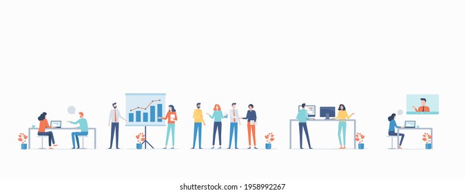 flat vector business people team working and set cartoon character design concept