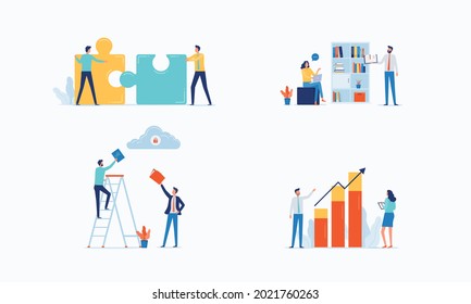 flat vector business people team working meeting and set cartoon character design for web design and mobile application concept