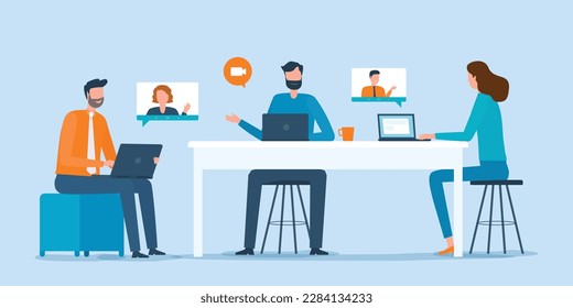 flat vector Business people team working meeting and online video conference for project planning concept.
