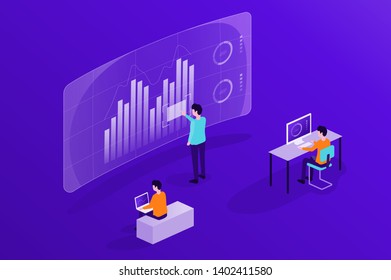 flat vector business people working on monitor report dashboard and data analytics for finance investment concept