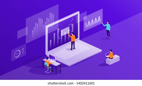 flat vector business people working on monitor report dashboard and data analytics for finance investment concept
