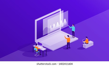 flat vector business people working on monitor report dashboard and data analytics for finance investment concept