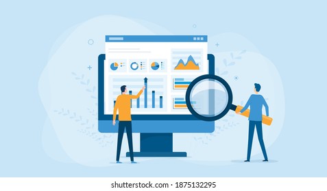 flat vector business people working for data analytics and monitoring on web report dashboard monitor and business finance investment concept