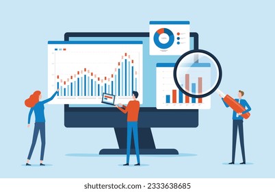 flache Vektorgeschäftsleute, die für die Datenanalyse und Überwachung auf dem Web-Report-Dashboard-Monitor und dem Design von Unternehmensfinanzierungen arbeiten