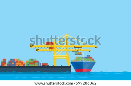 flat vector business shopping and logistics concept.international transport.with cargo shop in Shipping dock