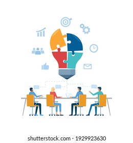 flat vector business team brainstorming meeting concept, business meeting, manager with team searching for new ideas solutions illustration design vector