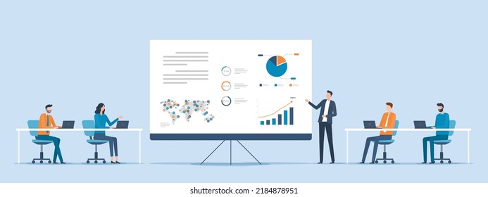 flat vector business team meeting and training collaboration with Business man 
 presentation infographic data on projector screen dashboard concept
