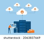 flat vector business technology cloud storage and cloud server service concept with administrator and developer working on workstation concept