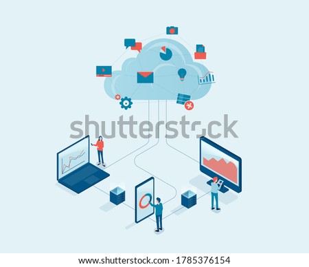 Flat vector business technology cloud computing server service concept with developer team working concept