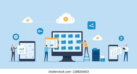 flat vector business technology document management system storage backup concept and cloud server service with administrator and developer team working concept