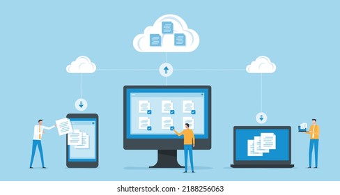 concepto de backup de sistemas de almacenamiento de información y servicio de servidores en nube con concepto de trabajo de equipo de administrador y programador