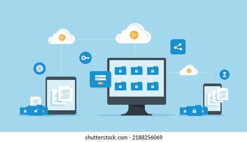 flat vector business technology document management system storage backup concept and cloud server service 