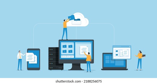 flat vector business technology document management system storage backup concept and cloud server service with administrator and developer team working concept