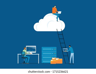 flat vector business technology storage cloud computing service concept with developer team working and a man working on cloud