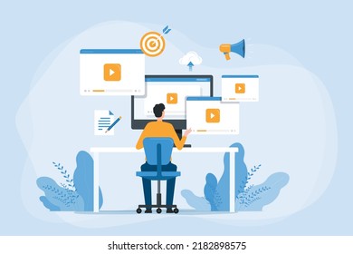 Flat vector business video marketing content online concept and people create video and upload on cloud server concept