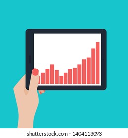 Flat Vector Business Woman Hand Holding Tablet with Column Chart on Screen. Vector Illustration On Blue Background. Flat Style Business Concept