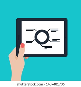 Flat Vector Business Woman Hand Holding Tablet with Diagram on Screen. Vector Illustration On Blue Background. Flat Style Business Concept