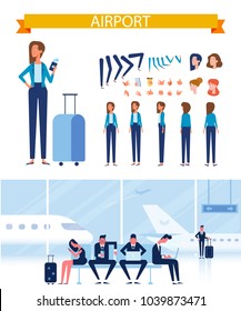 Flat Vector Business woman with ticket and luggage at airport ready for trip.  Front, side, back, 3/4 view. Constructor with different hairstyles, views, faces.People waiting at Airport terminal.  