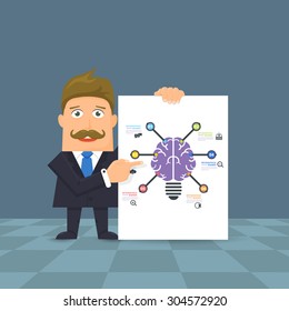 Flat Vector Businessman Brainstorm Presentation Infographics Stats Elements Design