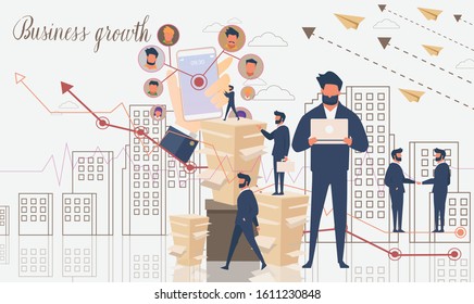 flat vector businessman character in social network and connection concept with growth.  mobile business and strategy idea, illustration plan to success and start up design.