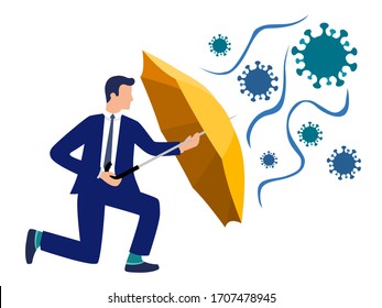 Flat vector businessman holding an umbrella protecting him from virus - coronavirus pandemic, safety measures, protection