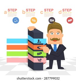 Flat Vector Businessman Illustration, 3d Block Style Infographics Stats Elements Design