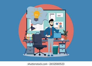 Vetor plano de um homem de negócios com ideia de lâmpada no espaço de trabalho moderno do escritório. Ideal para ilustrações de criatividade, brainstorming, inovação, conceito de start-up, produtividade e planejamento de projetos.
