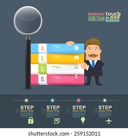 Flat Vector Businessman Presentation Infographics Stats Elements and Magnifying Glass Illustration