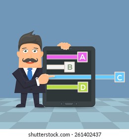 Flat Vector Businessman Presentation Infographics Stats Elements and Tablet Device