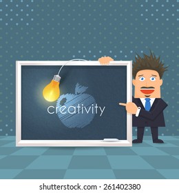 Flat Vector Businessman or Teacher Presentation Creativity Concept, Blackboard and Bulb Infographics or Education Design