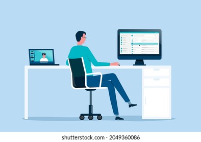 flat vector businessman working from home office workplace concept and business technology smart working. work online connect from anywhere concept