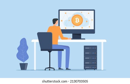 Flat vector Businessmen are investing and mining in bitcoins and cryptocurrency asset technology. People working on monitor screen. cloud mining network connection concept. Illustration cartoon