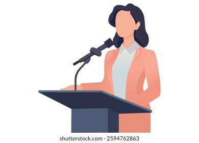 Flat vector of a businesswoman at a podium speaking to a diverse audience. Ideal for presentations, marketing, corporate training, social media, branding, and business content. sstkAccelerateAction - Powered by Shutterstock - Get 15% off with code: PIKWIZARD15