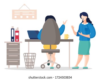 Flat vector of busy business people working in office. Colleagues communicating during work. Business team analysis project and planning strategy. Teamwork brainstorming. Team co-working workplace