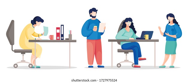 Flat vector of busy business people working in office. Colleagues communicating during work. Business team analysis project and planning strategy. Teamwork brainstorming. Team co-working workplace
