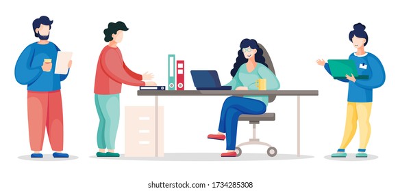 Flachvektor von beschäftigten Geschäftsleuten, die im Büro arbeiten. Kollegen, die während der Arbeit kommunizieren. Projektanalyse und Planungsstrategie für Unternehmensteams. Teamwork Brainstorming. Teamarbeitsplatz