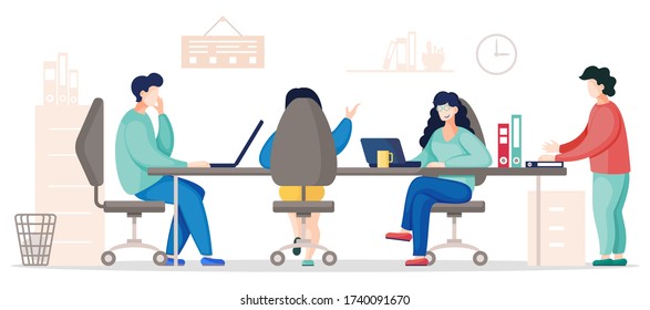 Flat vector of busy business people working in office. Colleagues communicating during work. Business team analysis project and planning strategy. Teamwork brainstorming. Team co-working workplace