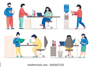 Flat vector of busy business people working in office. Colleagues communicating during work. Business team analysis project and planning strategy. Teamwork brainstorming. Team co-working workplace