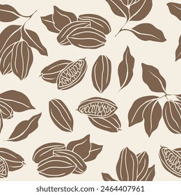 Flat vector cacao background. Hand drawn cocoa beans