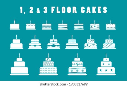 Flat Vector cakes front view in 1, 2 and 3 levels