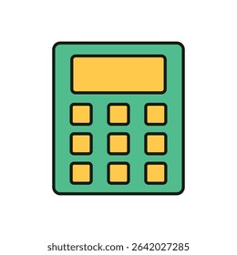 Flat Vector Calculator Icon with Green Body and Yellow Display Screen in Minimalist Outline Style
