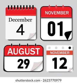 Flat Vector Calenda Icons with Different Dates and Red Headers