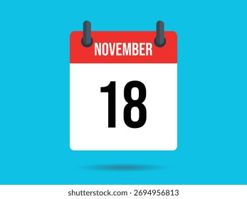 Flat vector of calendar displaying the month of November and the date 18. Red header and white body. The background is light blue, minimalist style.